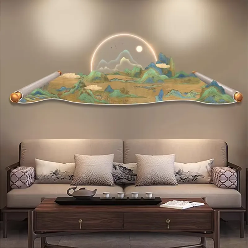 山水 单幅 装饰画 新中式 客厅背景墙挂画 LED带灯画