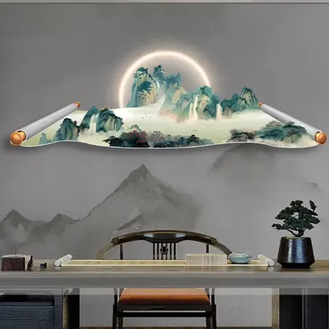 山水 单幅 装饰画 新中式 客厅背景墙挂画 LED带灯画