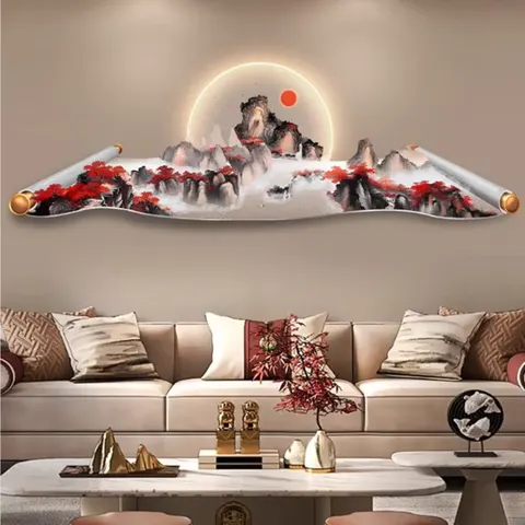 山水 单幅 装饰画 新中式 客厅背景墙挂画 LED带灯画