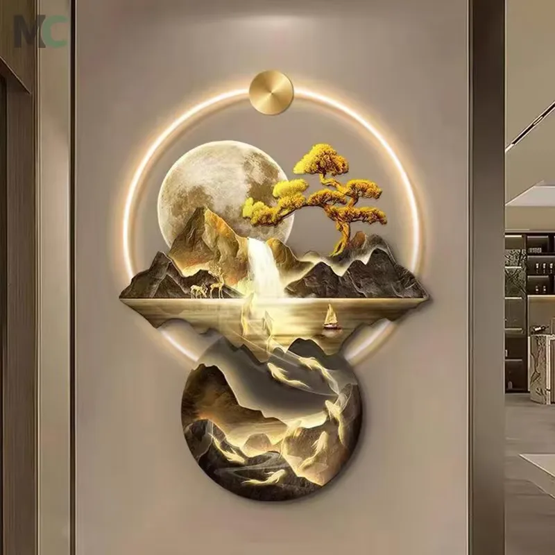 锦鲤 单幅 装饰画 新中式 玄关背景墙挂画 LED带灯画