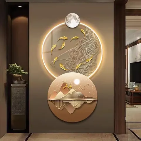 锦鲤 单幅 装饰画 新中式 玄关背景墙挂画 LED带灯画
