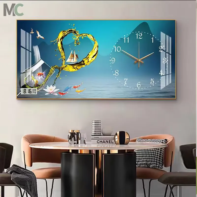 挂钟组合 单幅 装饰画 新中式 餐厅背景墙挂画 晶瓷画