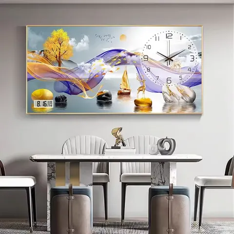 挂钟组合 单幅 装饰画 新中式 餐厅背景墙挂画 晶瓷画