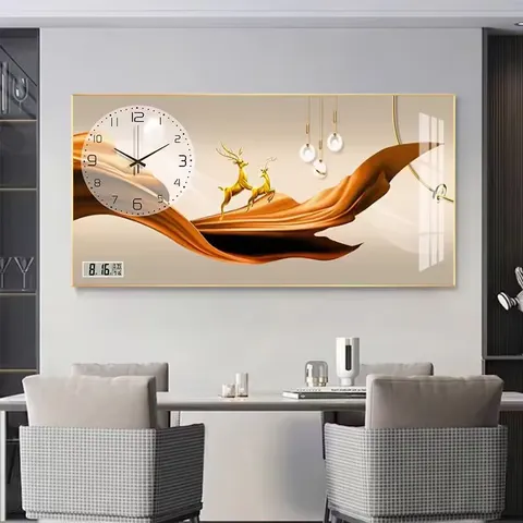 挂钟组合 单幅 装饰画 新中式 餐厅背景墙挂画 晶瓷画