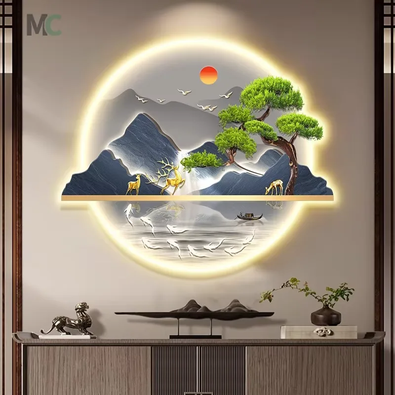 山水 单幅 装饰画 新中式 玄关背景墙挂画 LED带灯画