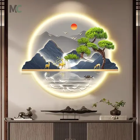 山水 单幅 装饰画 新中式 玄关背景墙挂画 LED带灯画