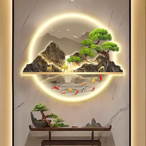 山水 单幅 装饰画 新中式 玄关背景墙挂画 LED带灯画