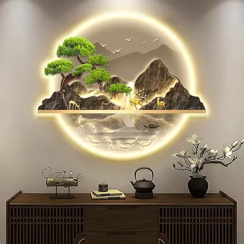 山水 单幅 装饰画 新中式 玄关背景墙挂画 LED带灯画
