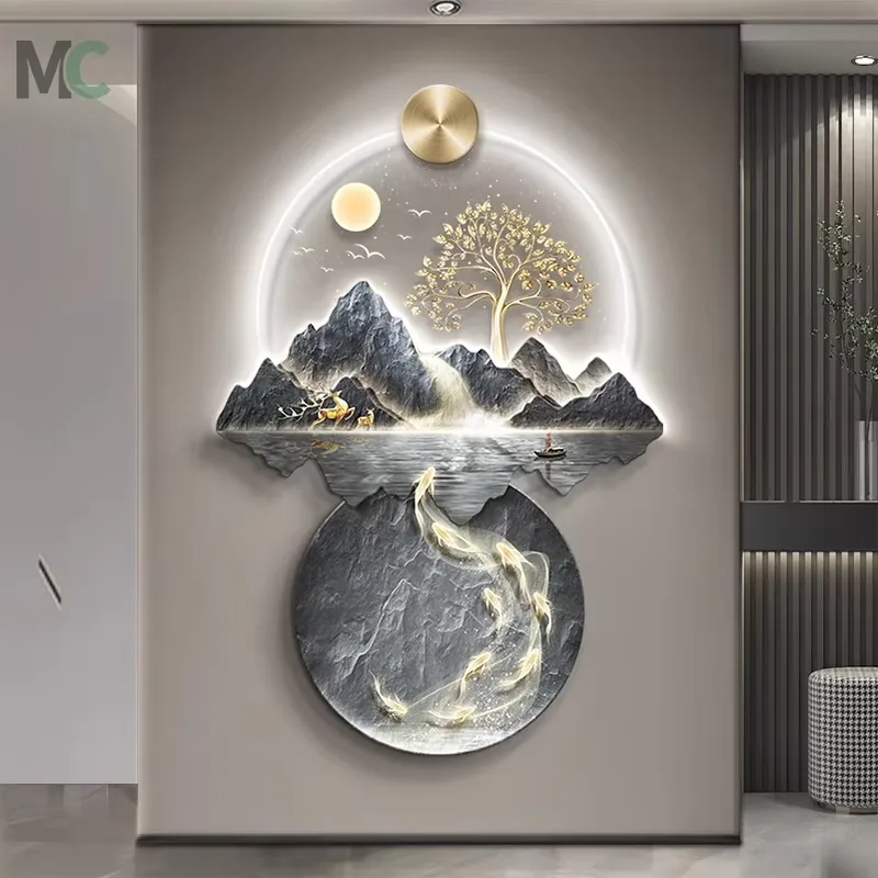 山水 单幅 装饰画 新中式 玄关背景墙挂画 LED带灯画