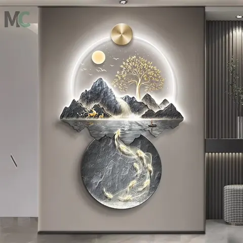山水 单幅 装饰画 新中式 玄关背景墙挂画 LED带灯画