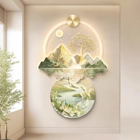 山水 单幅 装饰画 新中式 玄关背景墙挂画 LED带灯画