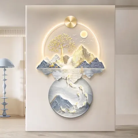 山水 单幅 装饰画 新中式 玄关背景墙挂画 LED带灯画