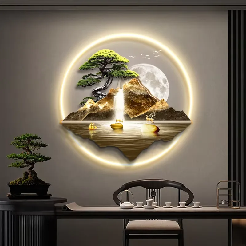 抽象 单幅 装饰画 新中式 客厅背景墙挂画 LED带灯画