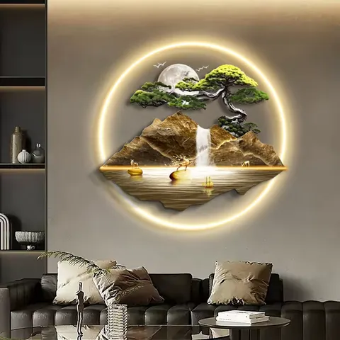 抽象 单幅 装饰画 新中式 客厅背景墙挂画 LED带灯画