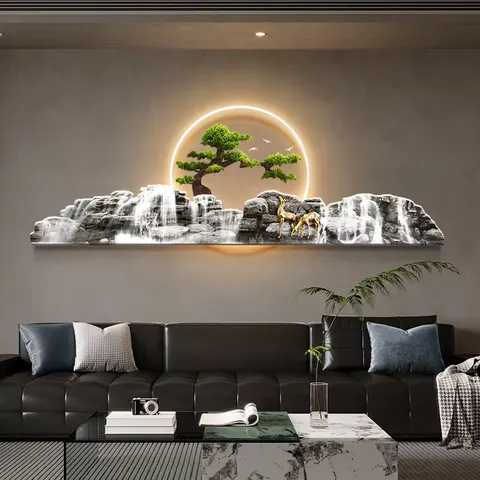 抽象 单幅 装饰画 新中式 客厅背景墙挂画 LED带灯画