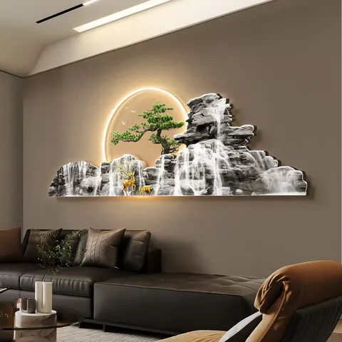 抽象 单幅 装饰画 新中式 客厅背景墙挂画 LED带灯画