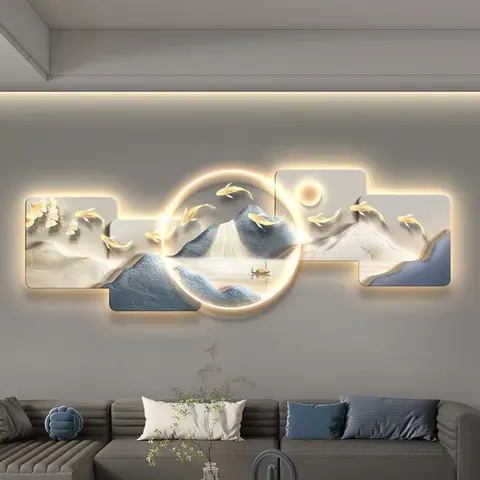山水 单幅 装饰画 现代简约 客厅背景墙挂画 LED带灯画
