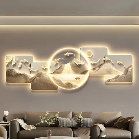 山水 单幅 装饰画 现代简约 客厅背景墙挂画 LED带灯画