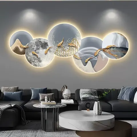锦鲤 单幅 装饰画 现代简约 客厅背景墙挂画 LED带灯画