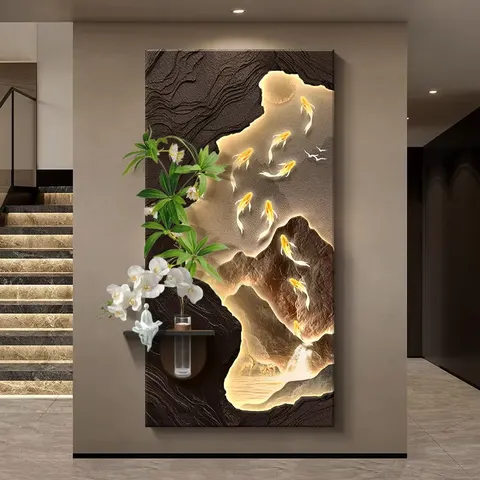 锦鲤 单幅 装饰画 现代简约 客厅背景墙挂画 LED带灯画