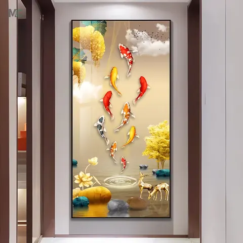 锦鲤 单幅 装饰画 现代简约 客厅背景墙挂画 LED带灯画