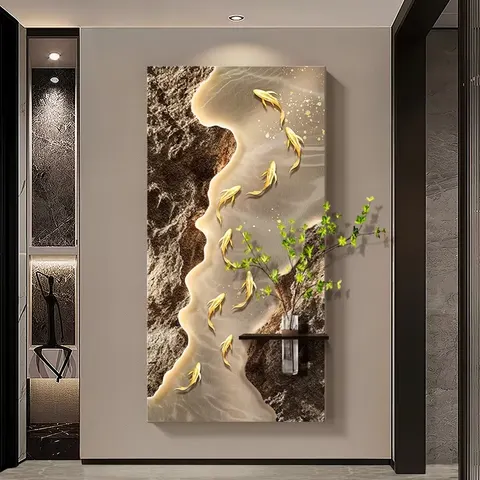 锦鲤 单幅 装饰画 现代简约 玄关背景墙挂画 砂岩浮雕