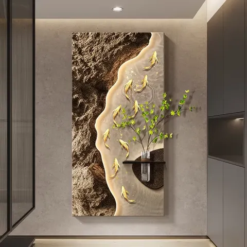 锦鲤 单幅 装饰画 现代简约 玄关背景墙挂画 砂岩浮雕