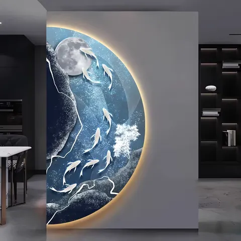 锦鲤 单幅 装饰画 轻奢风 客厅背景墙挂画 LED带灯画