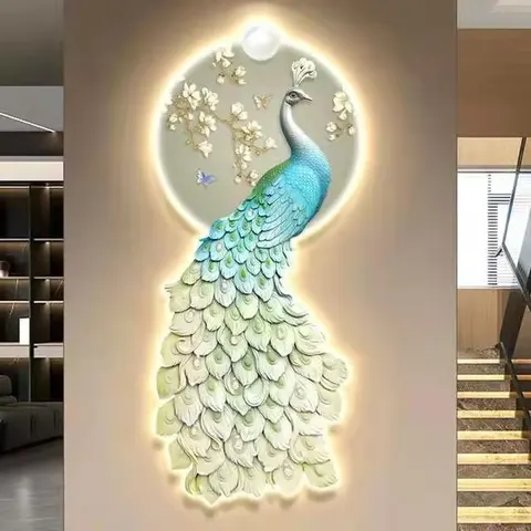 孔雀 单幅 装饰画 现代简约 客厅背景墙挂画 LED带灯画