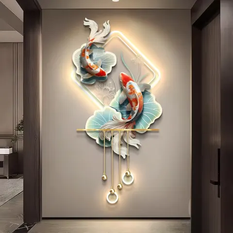 锦鲤 单幅 装饰画 现代简约 客厅背景墙挂画 LED带灯画