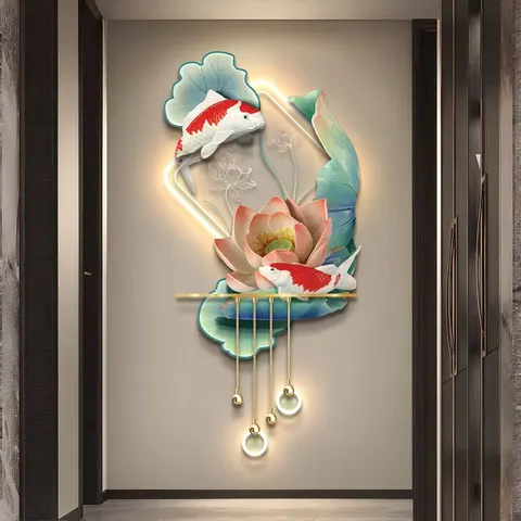 锦鲤 单幅 装饰画 现代简约 客厅背景墙挂画 LED带灯画