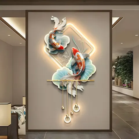 锦鲤 单幅 装饰画 现代简约 客厅背景墙挂画 LED带灯画