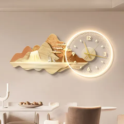 挂钟组合 单幅 装饰画 现代简约 餐厅背景墙挂画 LED带灯画