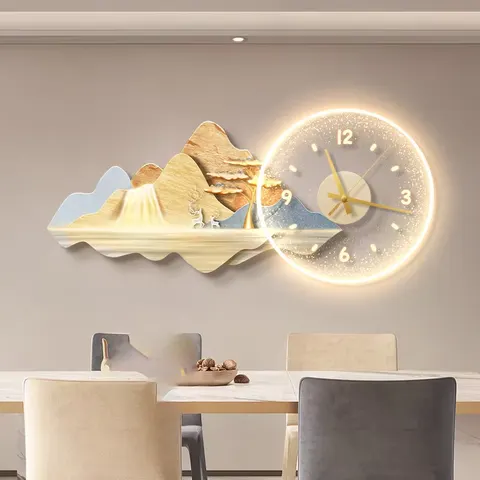 挂钟组合 单幅 装饰画 现代简约 餐厅背景墙挂画 LED带灯画