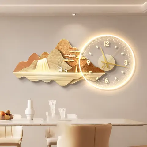 挂钟组合 单幅 装饰画 现代简约 餐厅背景墙挂画 LED带灯画