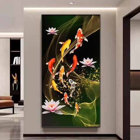 锦鲤 单幅 装饰画 轻奢风 卧室背景墙挂画 手绘油画