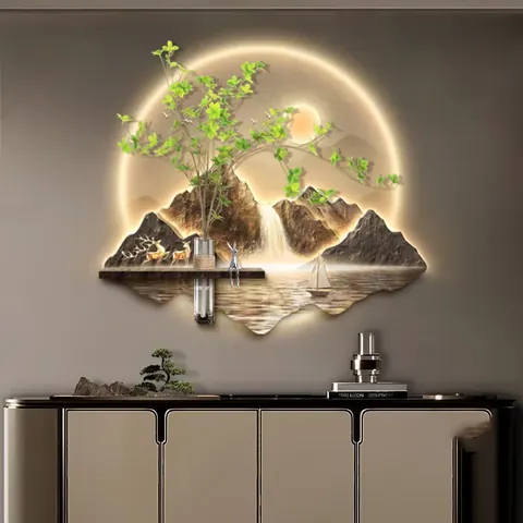 山水 单幅 装饰画 现代简约 玄关背景墙挂画 LED带灯画