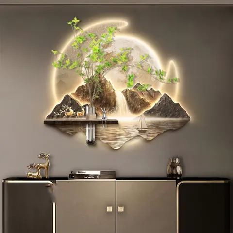 山水 单幅 装饰画 现代简约 玄关背景墙挂画 LED带灯画