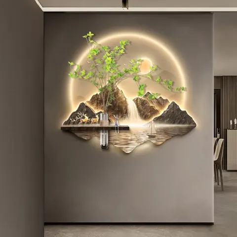 山水 单幅 装饰画 现代简约 玄关背景墙挂画 LED带灯画