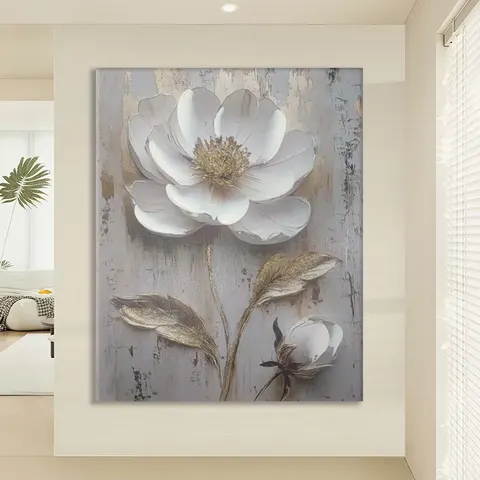 繁花 单幅 装饰画 原木风 酒店背景墙挂画 手绘油画