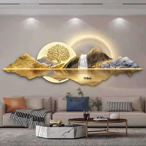山水 单幅 装饰画 现代简约 客厅背景墙挂画 LED带灯画