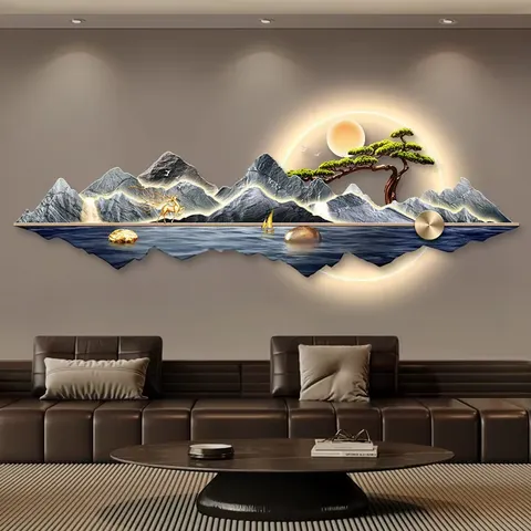 山水 单幅 装饰画 现代简约 客厅背景墙挂画 LED带灯画