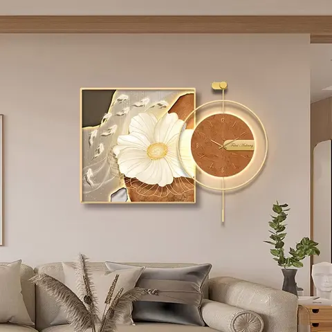 挂钟组合 单幅 装饰画 现代简约 餐厅背景墙挂画 LED带灯画