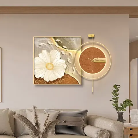 挂钟组合 单幅 装饰画 现代简约 餐厅背景墙挂画 LED带灯画