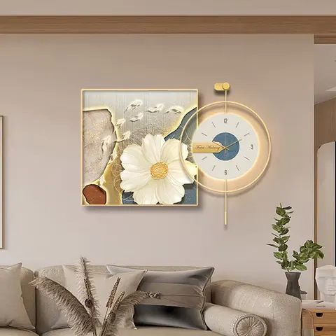 挂钟组合 单幅 装饰画 现代简约 餐厅背景墙挂画 LED带灯画