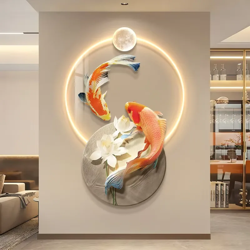 锦鲤 单幅 装饰画 现代简约 客厅背景墙挂画 LED带灯画