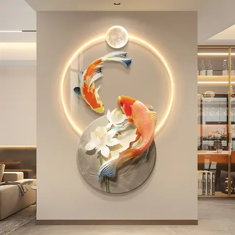 锦鲤 单幅 装饰画 现代简约 客厅背景墙挂画 LED带灯画