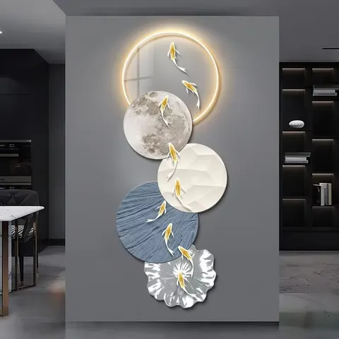 锦鲤 单幅 装饰画 现代简约 客厅背景墙挂画 LED带灯画